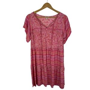 Umgee Floral Paisley Tiered Mini Dress Small Pink Boho Lightweight Flowy Resort